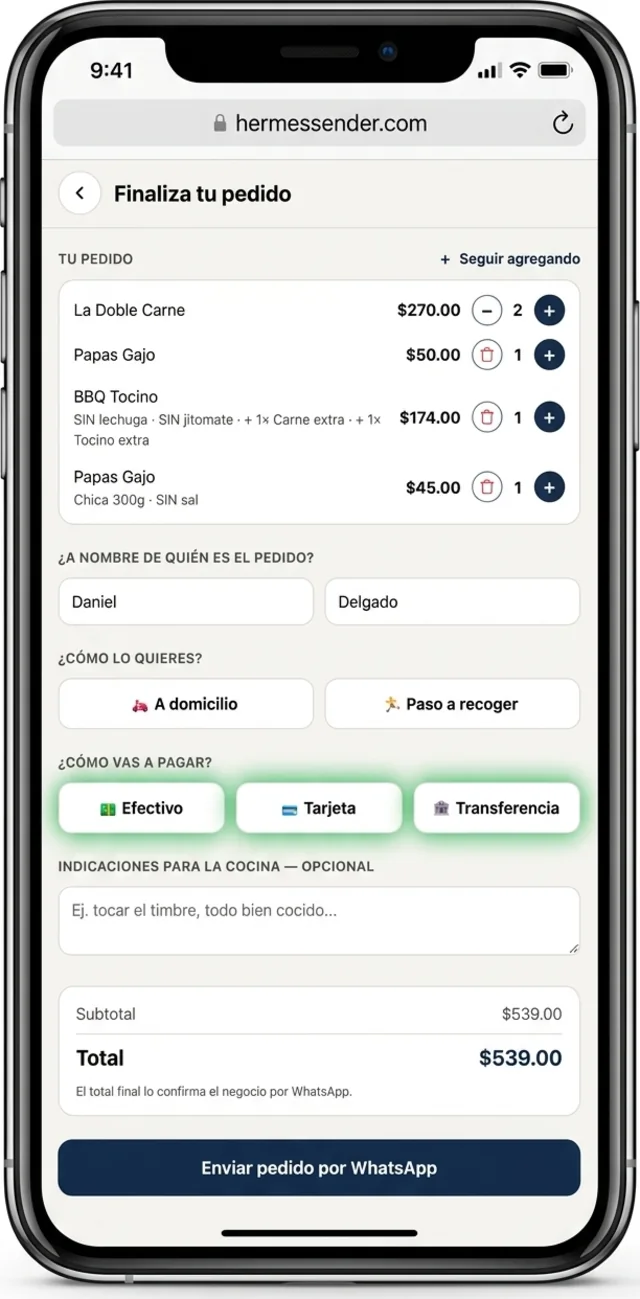 El cliente finaliza su pedido y elige cómo pagar: efectivo, tarjeta o transferencia