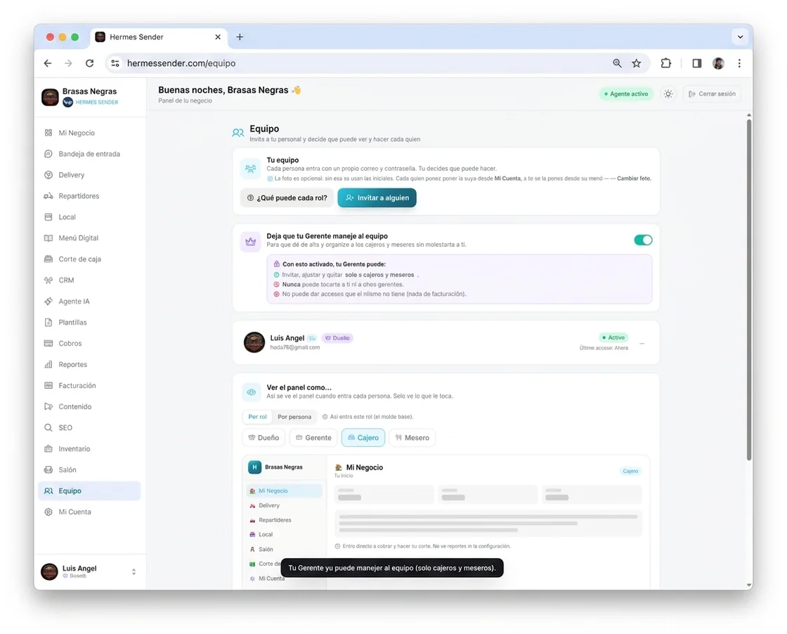 Equipo: invita a tu personal y define permisos por rol o por persona