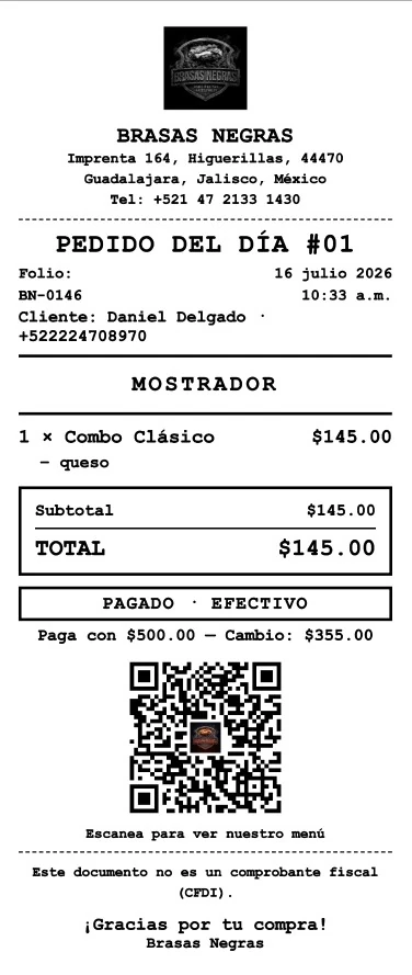 Ticket de venta impreso con QR al menú